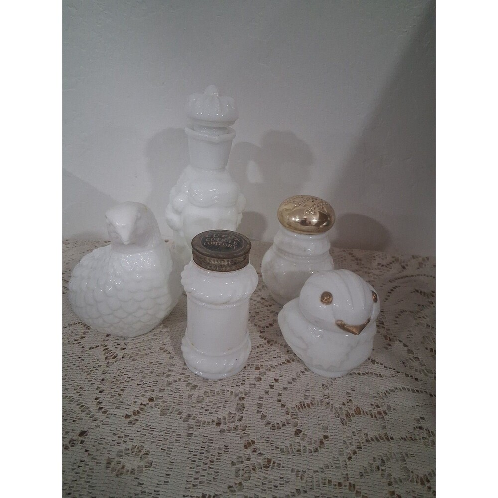 Vtg Lot (5) White Milk Glass Vanity Bottles Avon Cutex Partridge